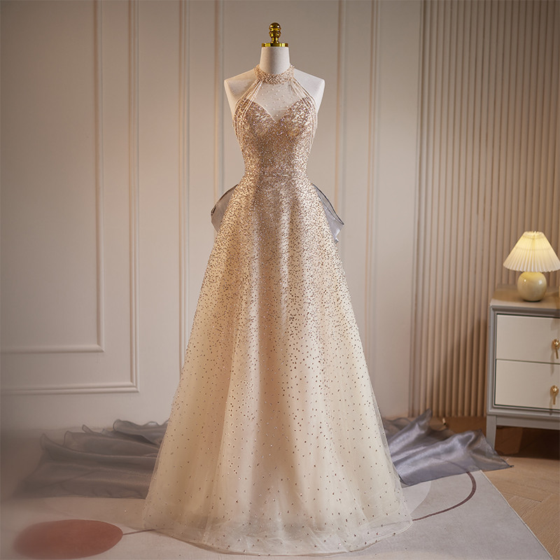 綺麗 シャンパン色 リボン スパンコール フリンジ パーティードレス 花嫁 誕生日 成人式 二次会 前撮り 08538