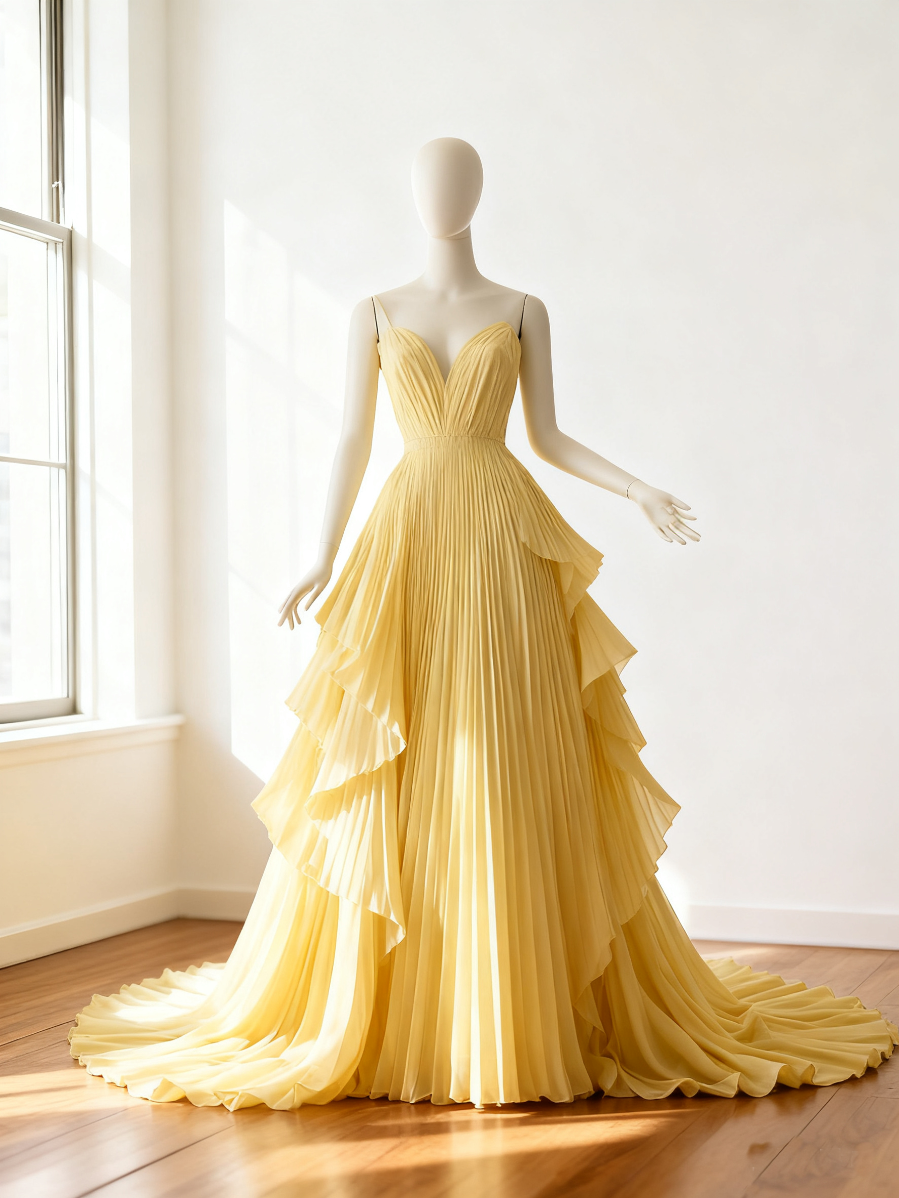 カラードレス  パステルイエロー スリット Vネックドレス ウェーブ   華やかなトレーン 演奏会/音楽会