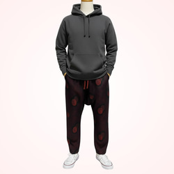 【一点物・ウール着物リメイク】モダンな赤黒柄サルエルパンツ / メンズ・ユニセックス 3枚目の画像