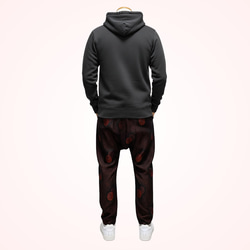 【一点物・ウール着物リメイク】モダンな赤黒柄サルエルパンツ / メンズ・ユニセックス 4枚目の画像