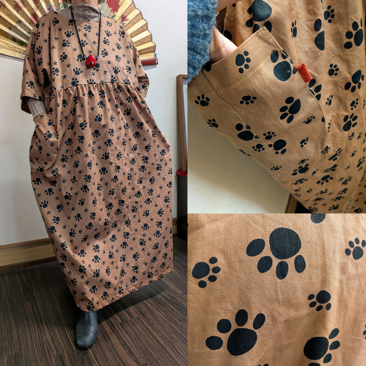 猫さんの肉球柄生地の柿渋染めワンピース　　　ハンドメイド