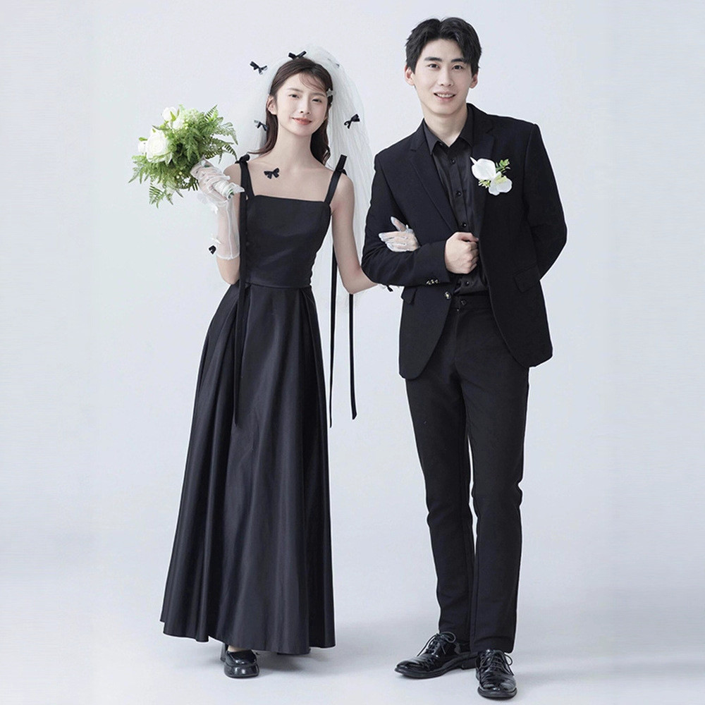 高級感 黒 サテン ノースリーブ パーティードレス シンプル 優雅 花嫁 演奏会 誕生日 前撮り HL891