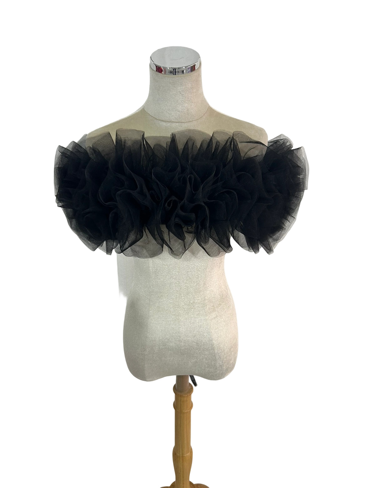 取り外し可能なオフショルダー ブラック ラッフルフリル 編み上げ ソフトチュール カラードレス