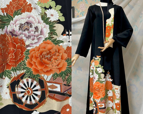 ミモレ丈ドレス 着物リメイク MLサイズ 大輪の花友禅染めと刺繍 黒留袖