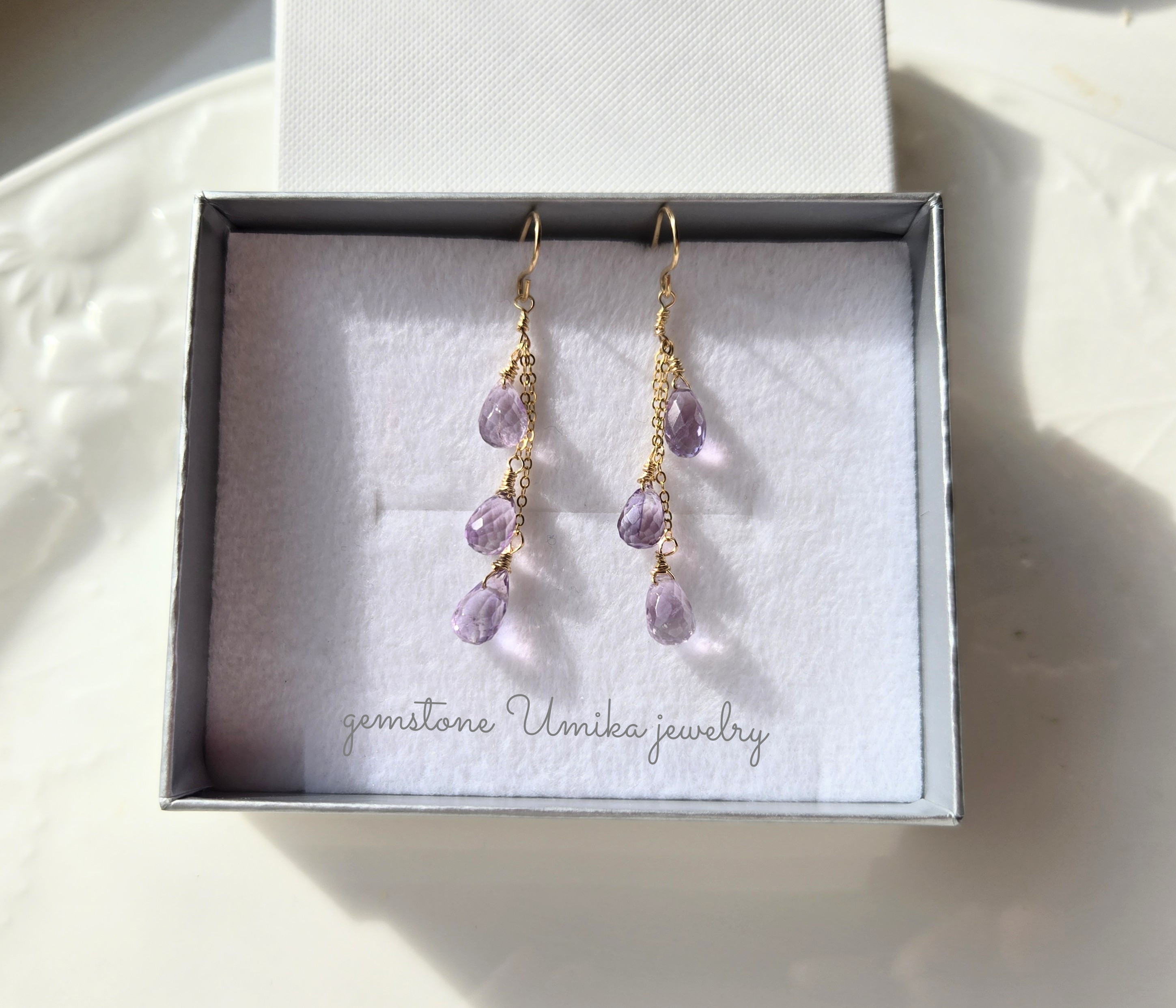 Pink amethyst teardrop earrings 14kgf ピアス