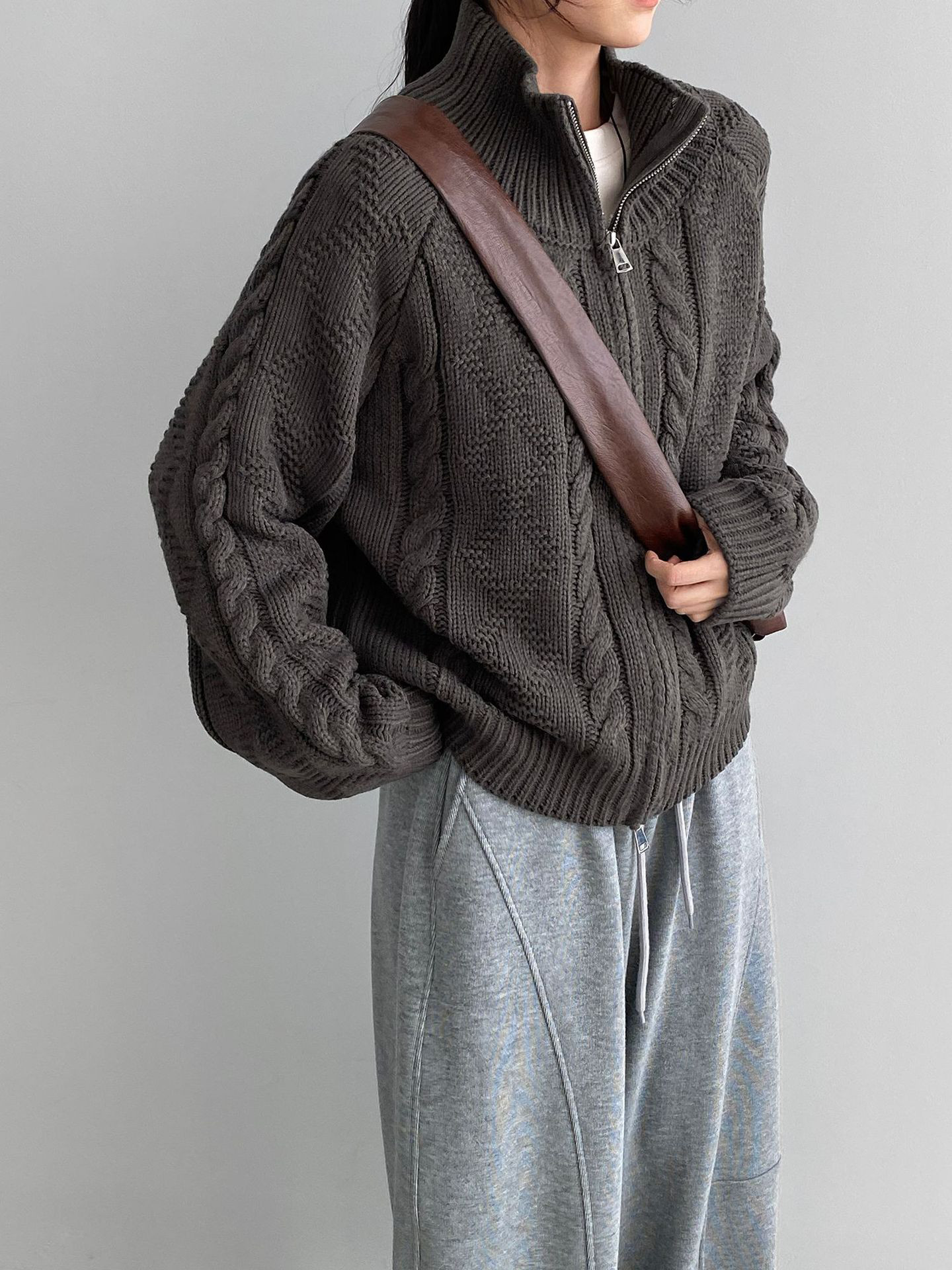 秋冬レディースレトロもつれ編み スタンドカラー 厚手ジッパートップス【返品・交換可】品質最優先25-561