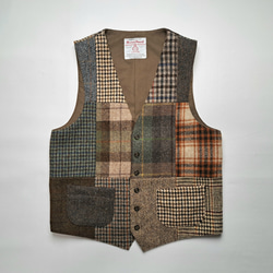 ハリスツイード パッチワーク ベスト ネイビー・ブルー系 Harris Tweed