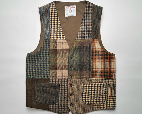 【ハリスツイード】ベスト パッチワーク ウール L ベージュ BEAMS PLUS（ビームス プラス）Waistcoat Harris Tweed（トップス