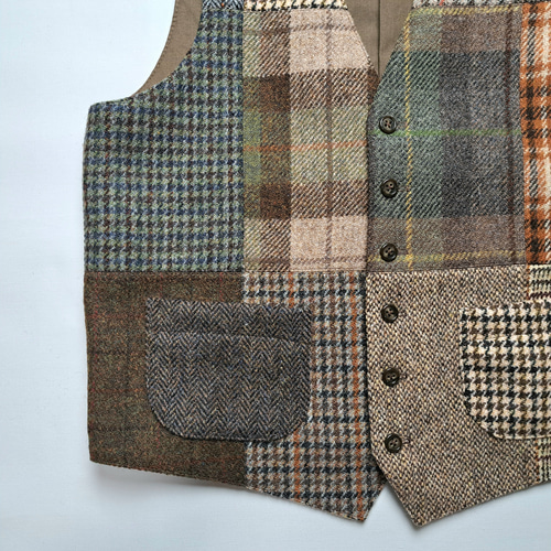 美品　ハリスツイード　パッチワーク　ベスト　M Harris Tweed Patchwork Vest & Casquette】 #flaxdf #オーダー専門店