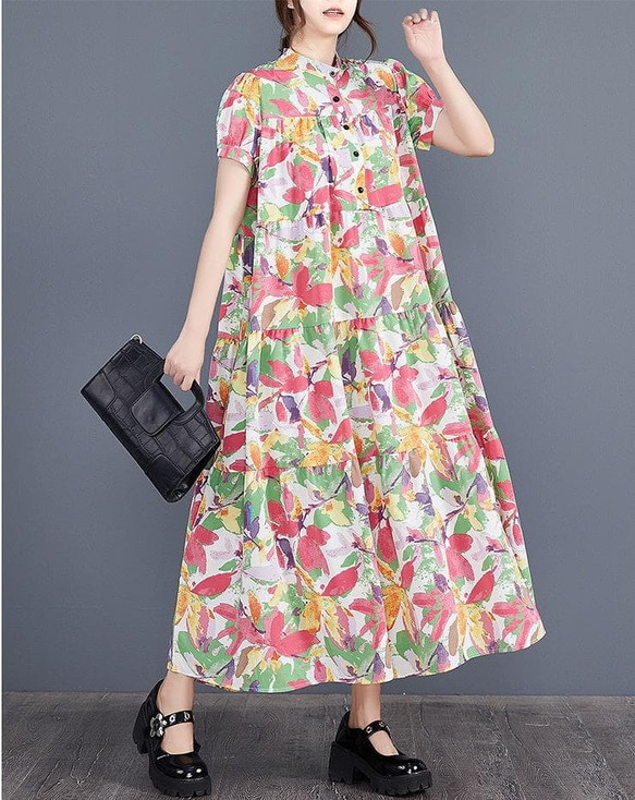 大きいサイズ レディース ロング　ワンピース　花柄　春夏 秋 新品 半袖 1枚目の画像