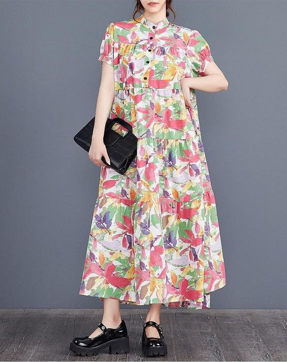 大きいサイズ レディース ロング　ワンピース　花柄　春夏 秋 新品 半袖 4枚目の画像