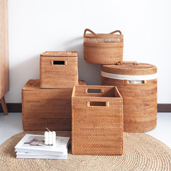 藤編み フタ付き収納ボックス｜小物・衣類・雑誌整理｜手作り 籐バスケット ナチュラル インテリア 1枚目の画像
