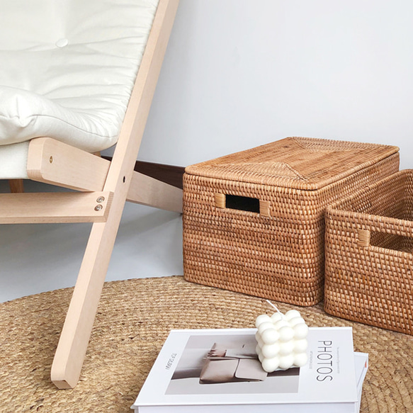 藤編み フタ付き収納ボックス｜小物・衣類・雑誌整理｜手作り 籐バスケット ナチュラル インテリア 8枚目の画像
