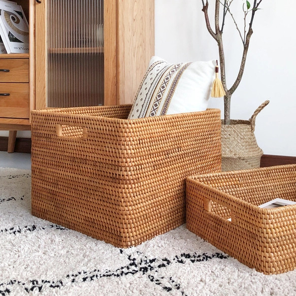 藤編み フタ付き収納ボックス｜小物・衣類・雑誌整理｜手作り 籐バスケット ナチュラル インテリア 11枚目の画像