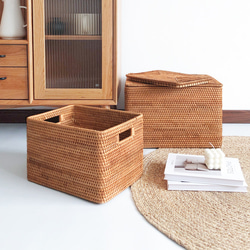 藤編み フタ付き収納ボックス｜小物・衣類・雑誌整理｜手作り 籐バスケット ナチュラル インテリア 3枚目の画像