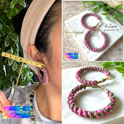 オリーブカラフルマジック★42mmカーキ＆ネオンピンク編みフープピアス★アレルギー対応サージカルステンレス★個性的 2枚目の画像