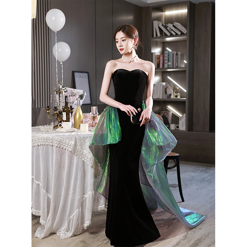 高級感 黒 オフショルダー マーメイドドレス 裾引き 綺麗 パーティー 花嫁 披露宴 誕生日 二次会 前撮り 08530