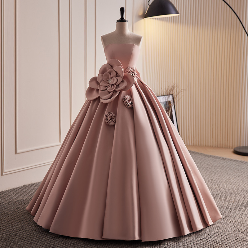 綺麗 ピンク サテン オフショルダー 花 ふわふわ パーティードレス 花嫁 誕生日 二次会 前撮り 披露宴 08526