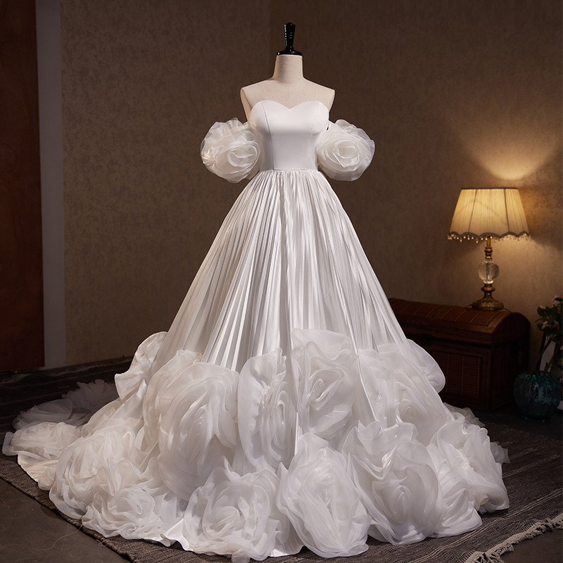 綺麗 白 オフショルダー 立体花 ウェディングドレス 裾引き 結婚式 花嫁 誕生日 二次会 前撮り 08525