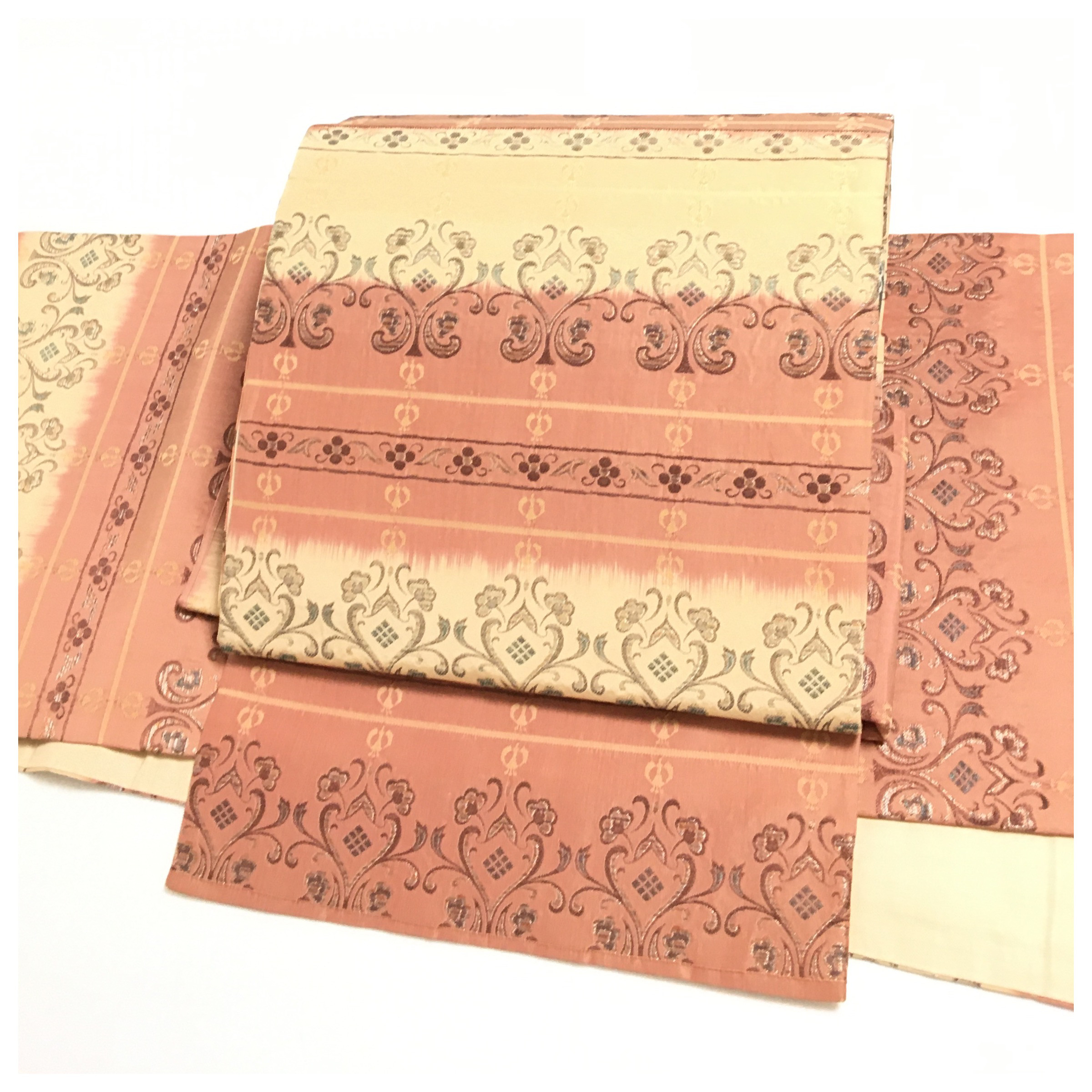 正絹　楽帯　袋帯　染分け　横段　華　二部式　織り柄　二重太鼓　作り帯