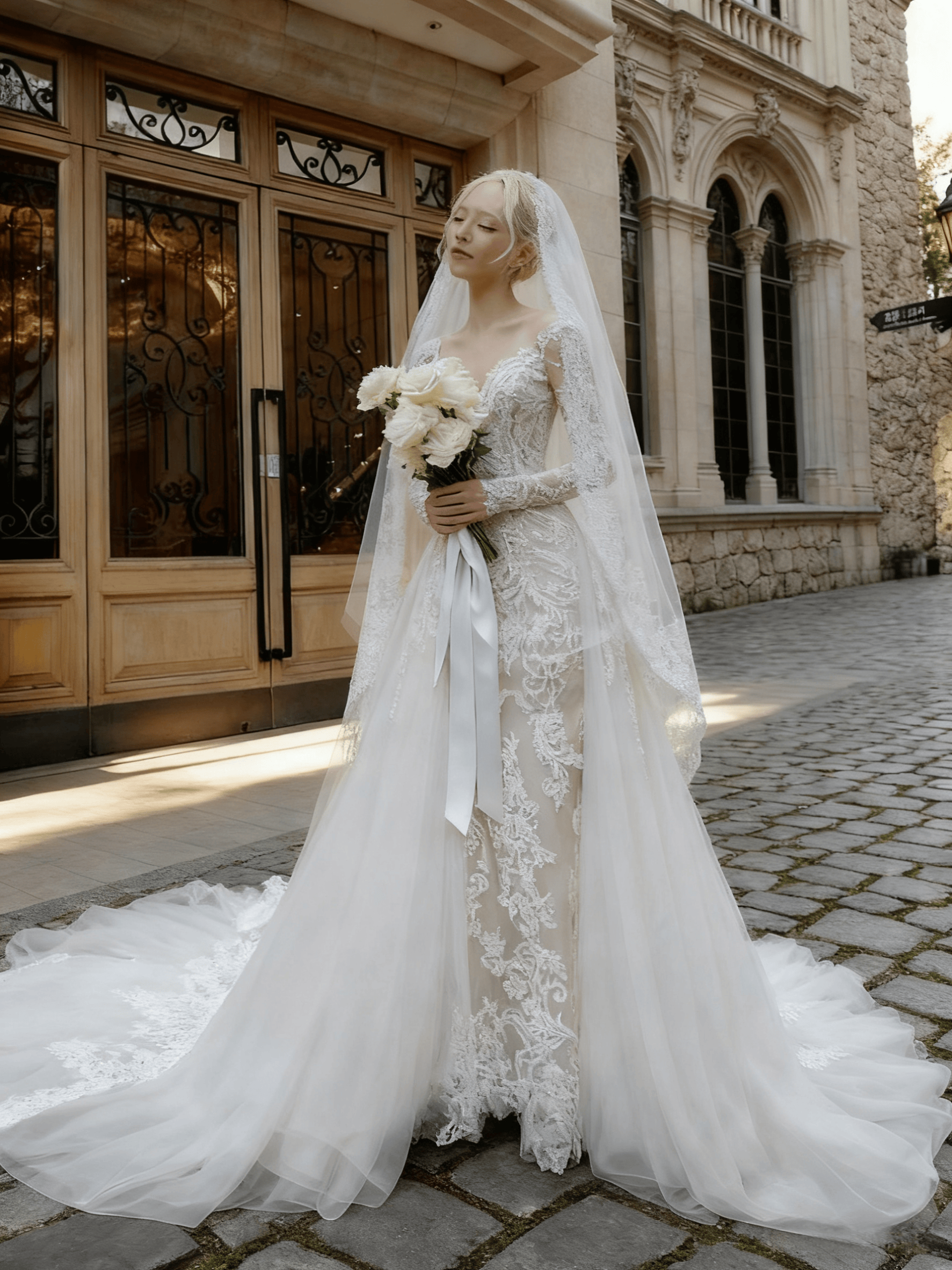 送料無料！2waysウェディングドレス ロングスリーブ オーバースカート マーメイド 魅惑の花レース エレガント 結婚式