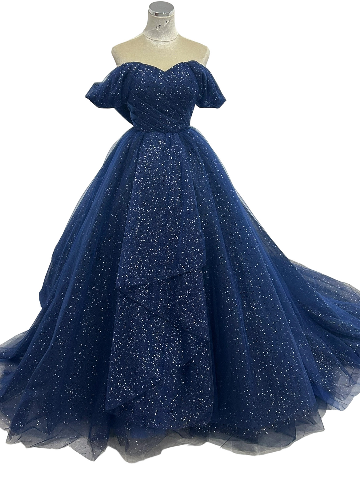 カラードレス ネイビー オフショルダー リボン クラシカル キラキラチュール アシンメトリードレス