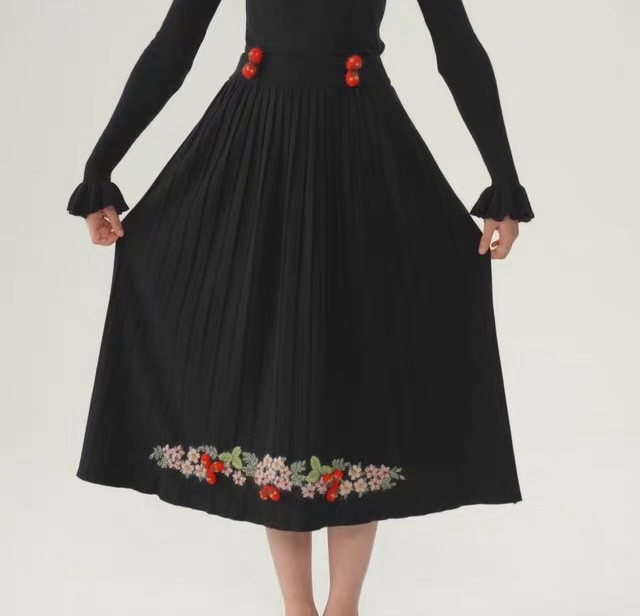 3色　アンティーク調刺繡付き　ウールニットスカート　ウエストゴム【冬春秋】