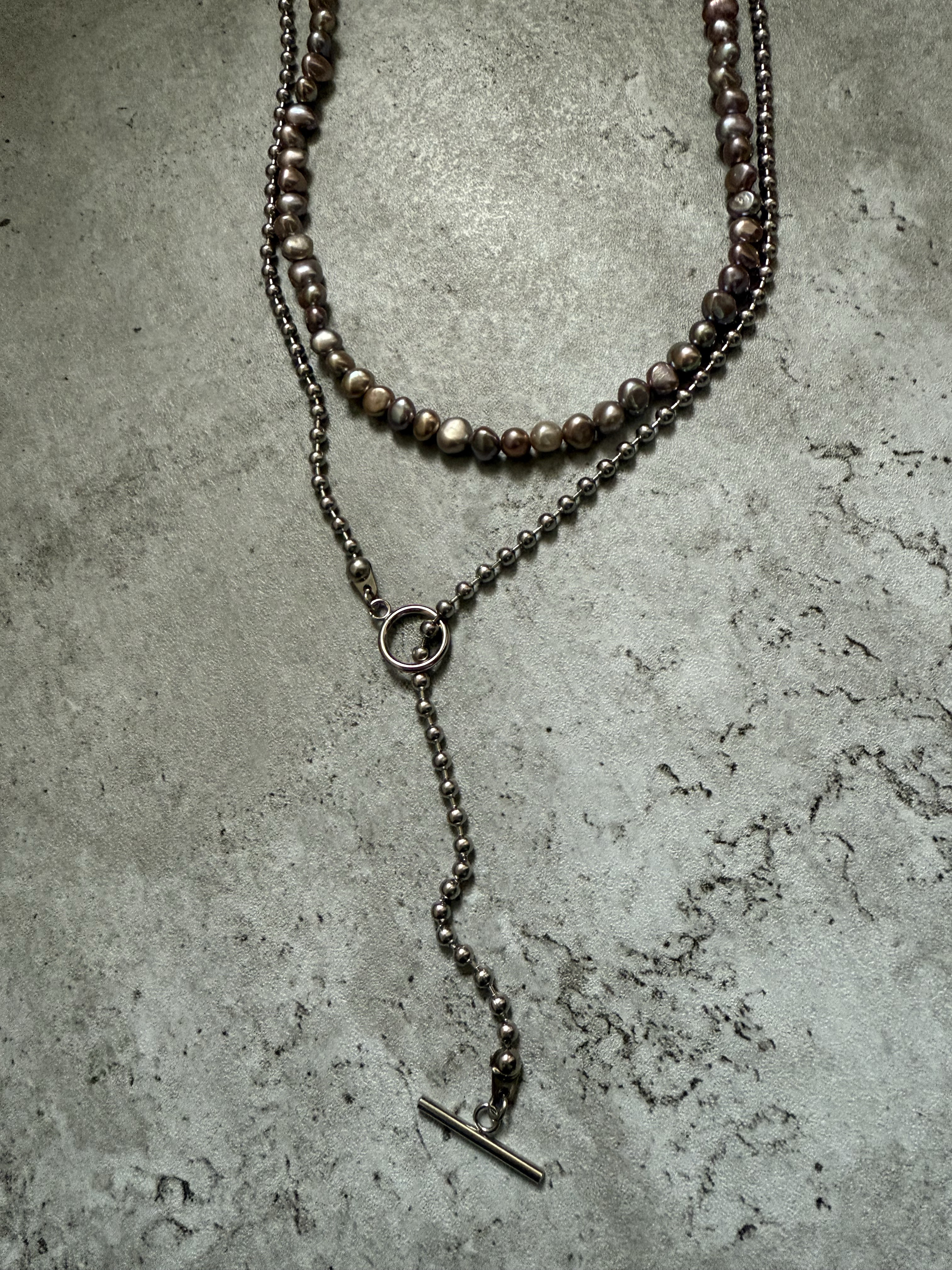 ーlong gray pearl necklaceー　サージカルステンレス　パールネックレス　ロングネックレス