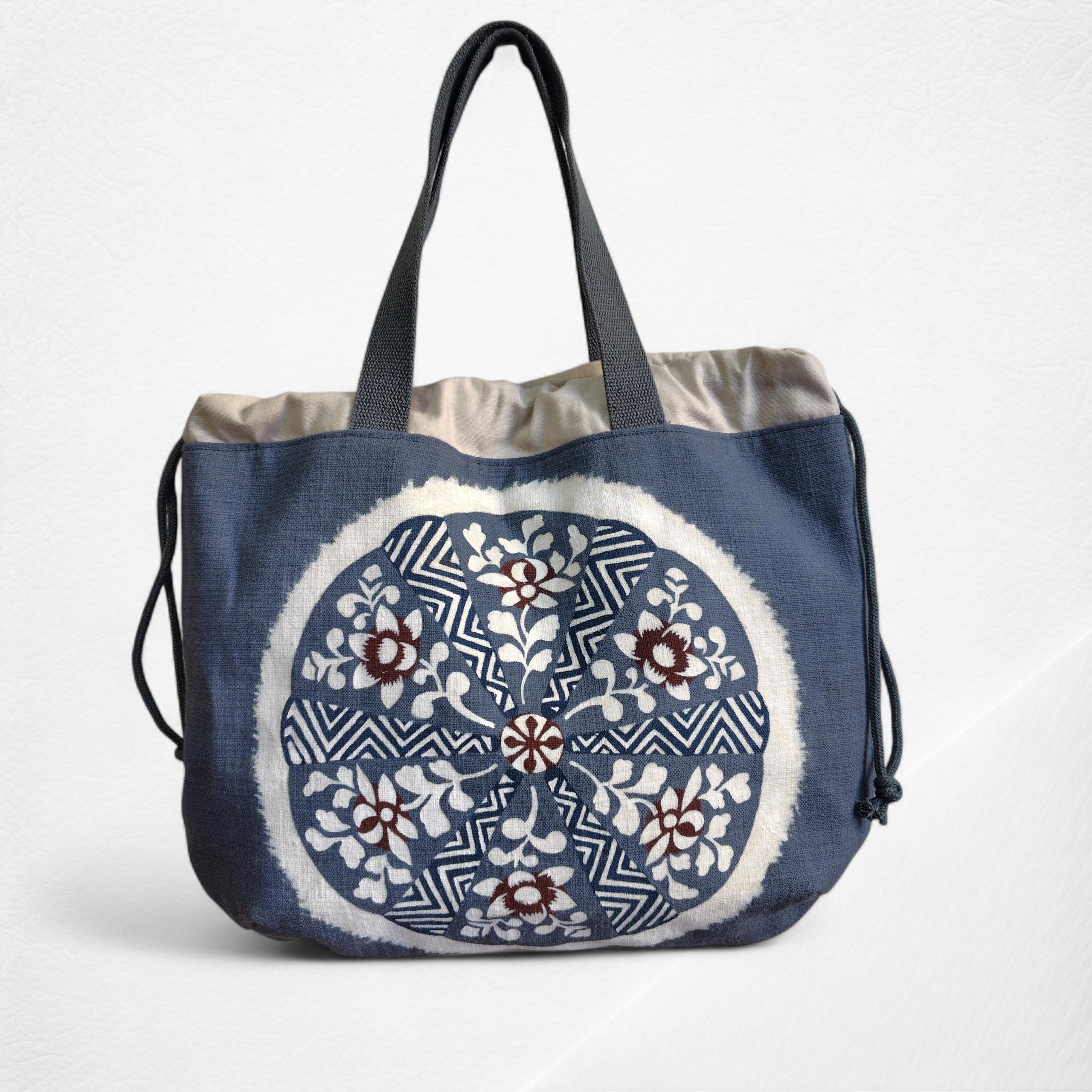 一点物手作り型染めバッグ|伝統工芸|レンガ色差しxねずみ色｜伝統工芸