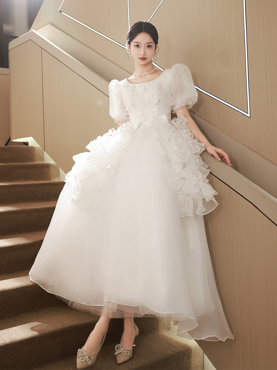 綺麗 白 半袖 ふわふわ ウェディングドレス プリンセス 結婚式 花嫁 成人式 誕生日 二次会 前撮り 08482