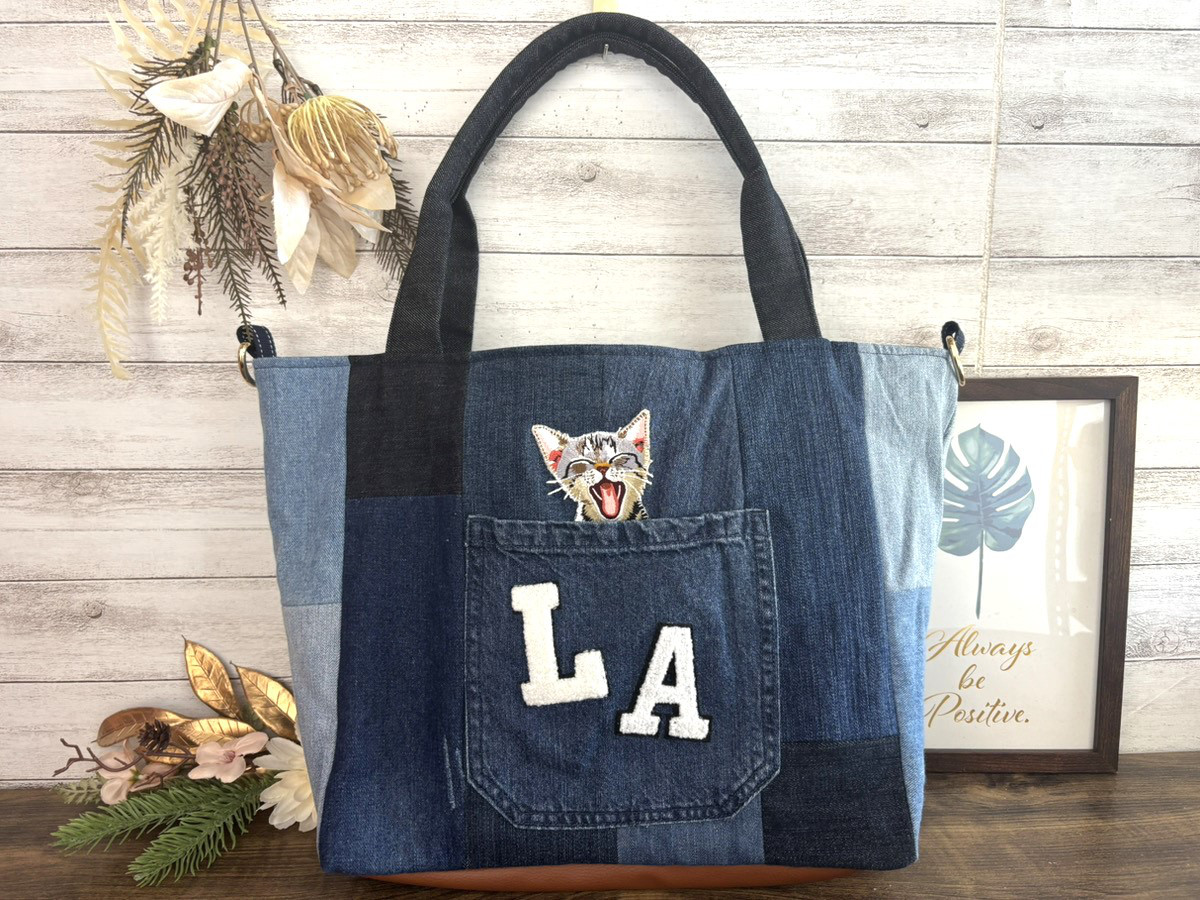 【Lサイズ】デニムトートバッグ あくび猫 Dカン