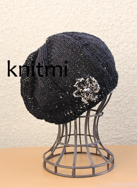 【オールシーズンリネン】しめつけない  ニット ベレー帽子　ニット帽　ブラック　黒