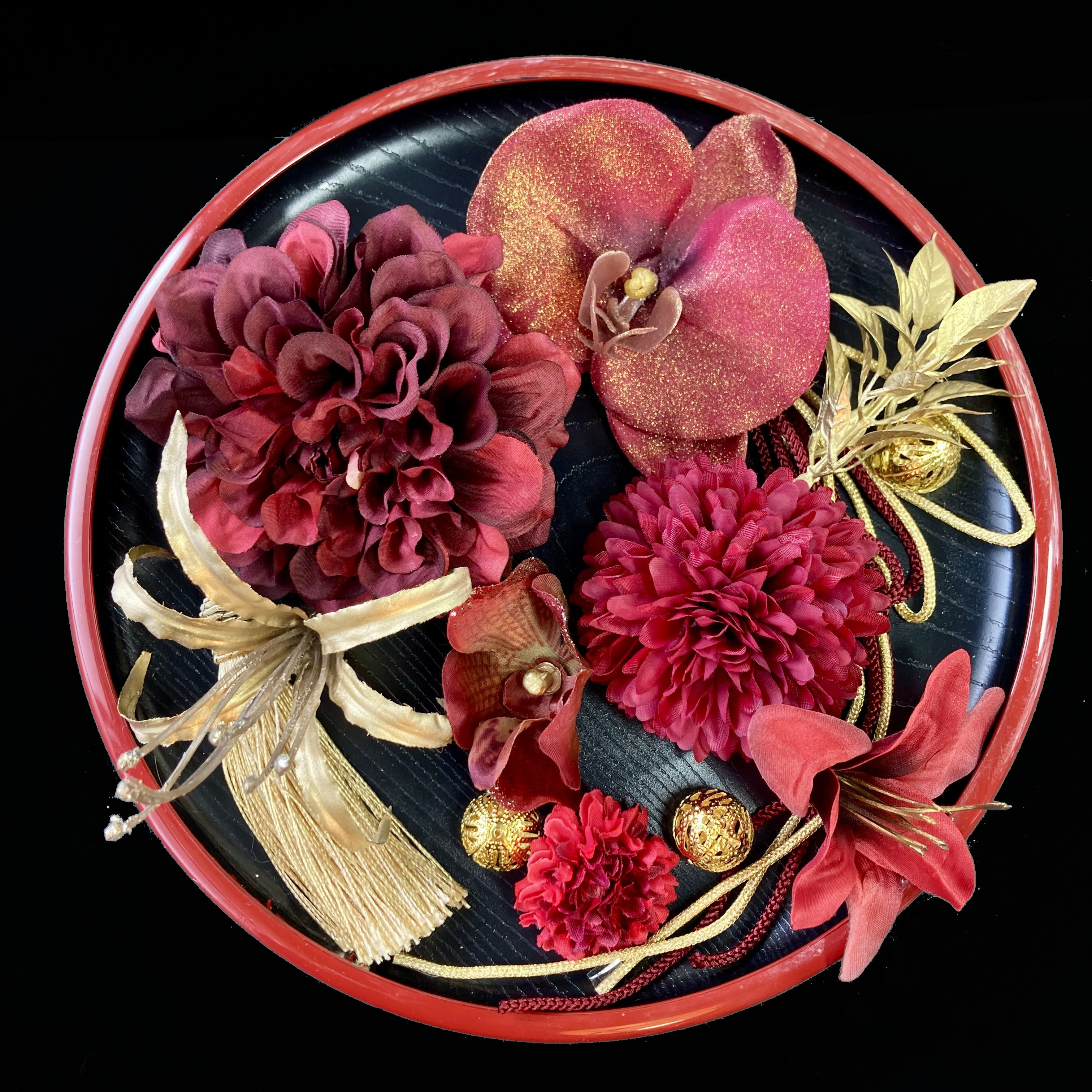 赤と金 胡蝶蘭 百合　カサブランカ　B　髪飾り  　選べる タッセル 結婚式 着物 成人式