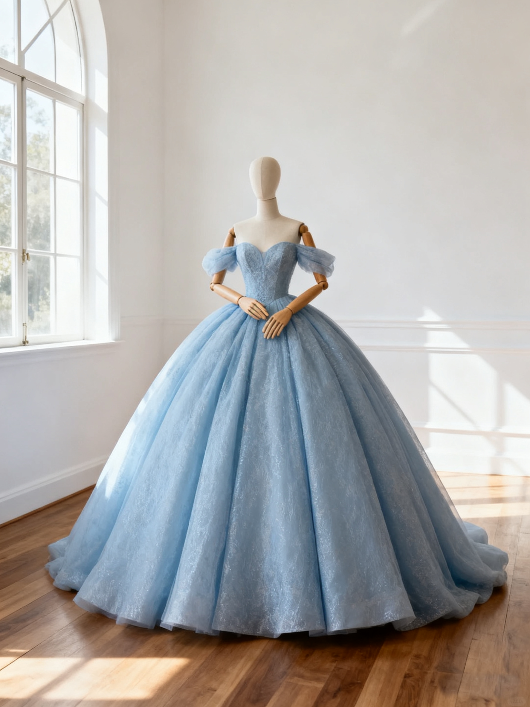 カラードレス 爽やかで優しいブルー  オフショルダー シークインチュール  結婚式  華やかなトレーン