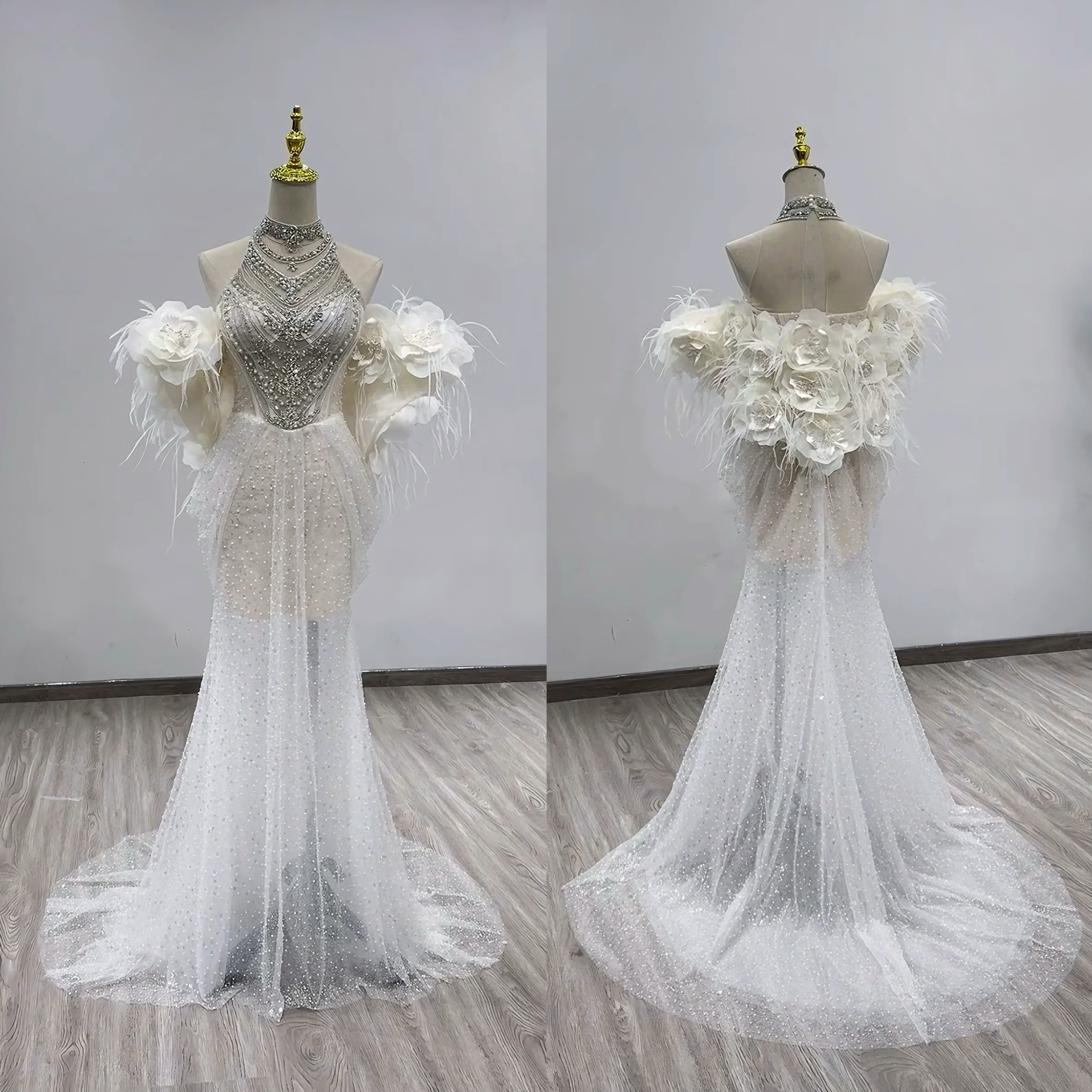 見逃さない！取り外し可能お袖　ホルターネック　お花飾り　上品　2ways キラキラ　ラメ入り　ウェディング前撮りお呼ばれ