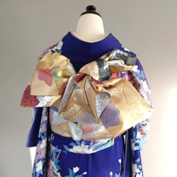 純金箔24K シャンパンゴールドに鶴 振袖用 作り帯付け帯 胴巻き〜90cm