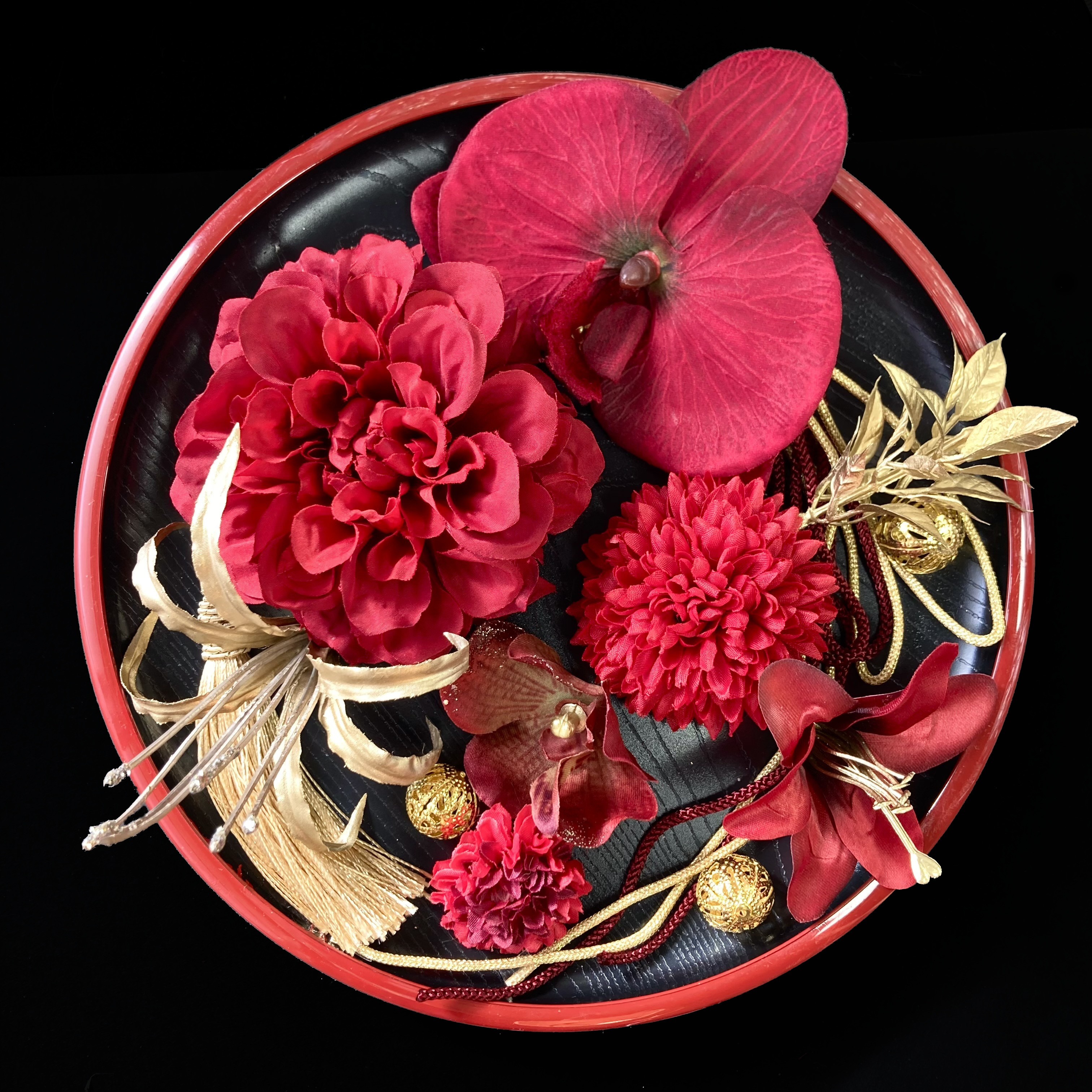 赤と金 胡蝶蘭 百合　カサブランカ　C　髪飾り  　選べる タッセル 結婚式 着物 成人式