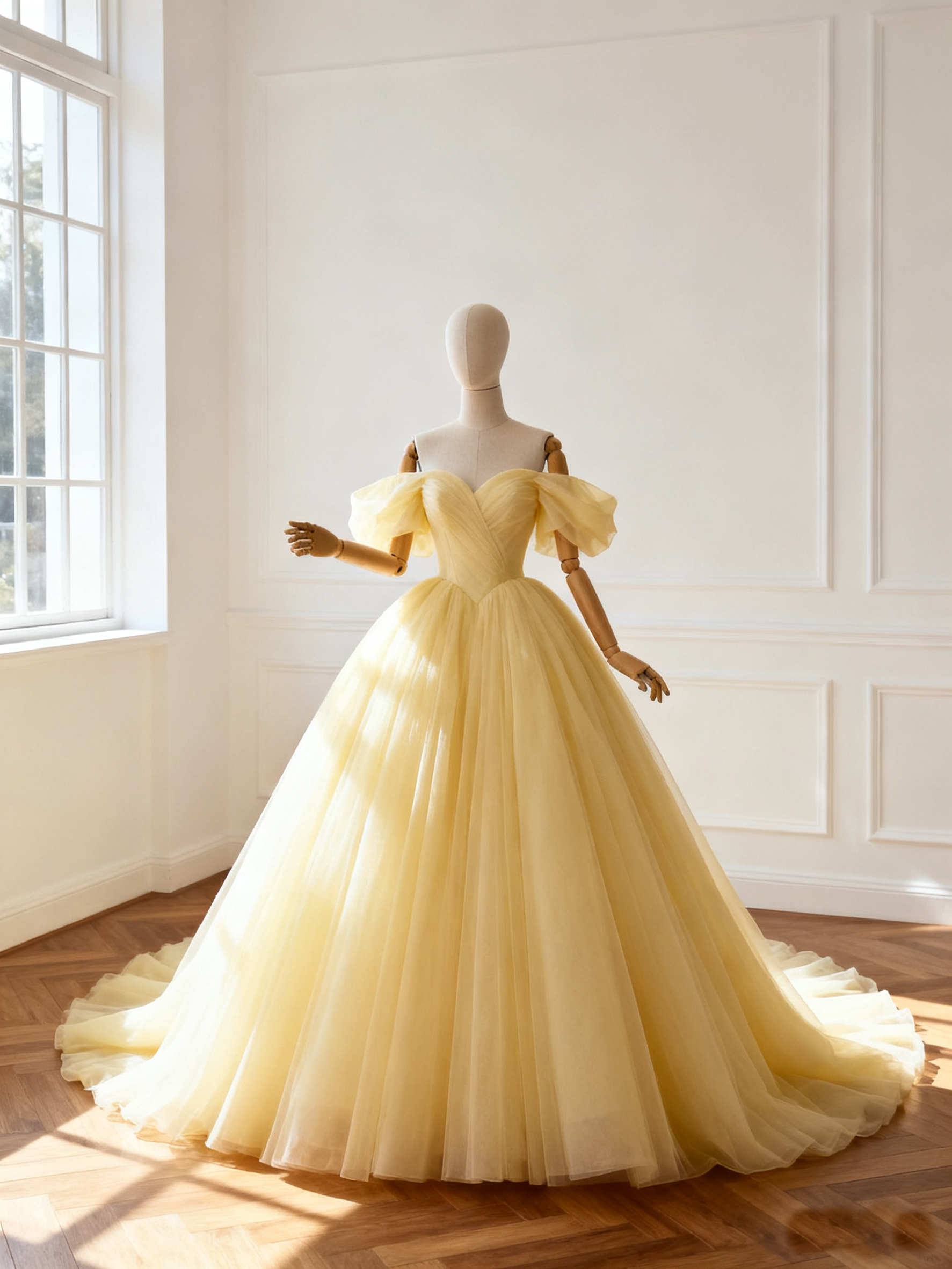 カラードレス パステルイエロー オフショルダー   ソフトチュール   ボリュームドレス   華やかなトレーン   結婚