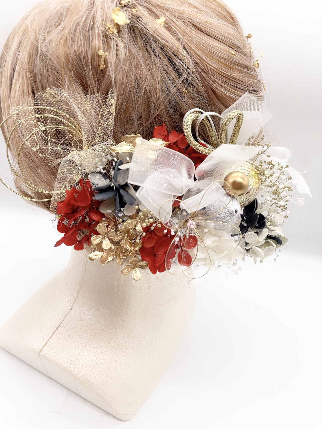 和装髪飾り　ヘッドドレス　水引×金箔　ゴールド　赤