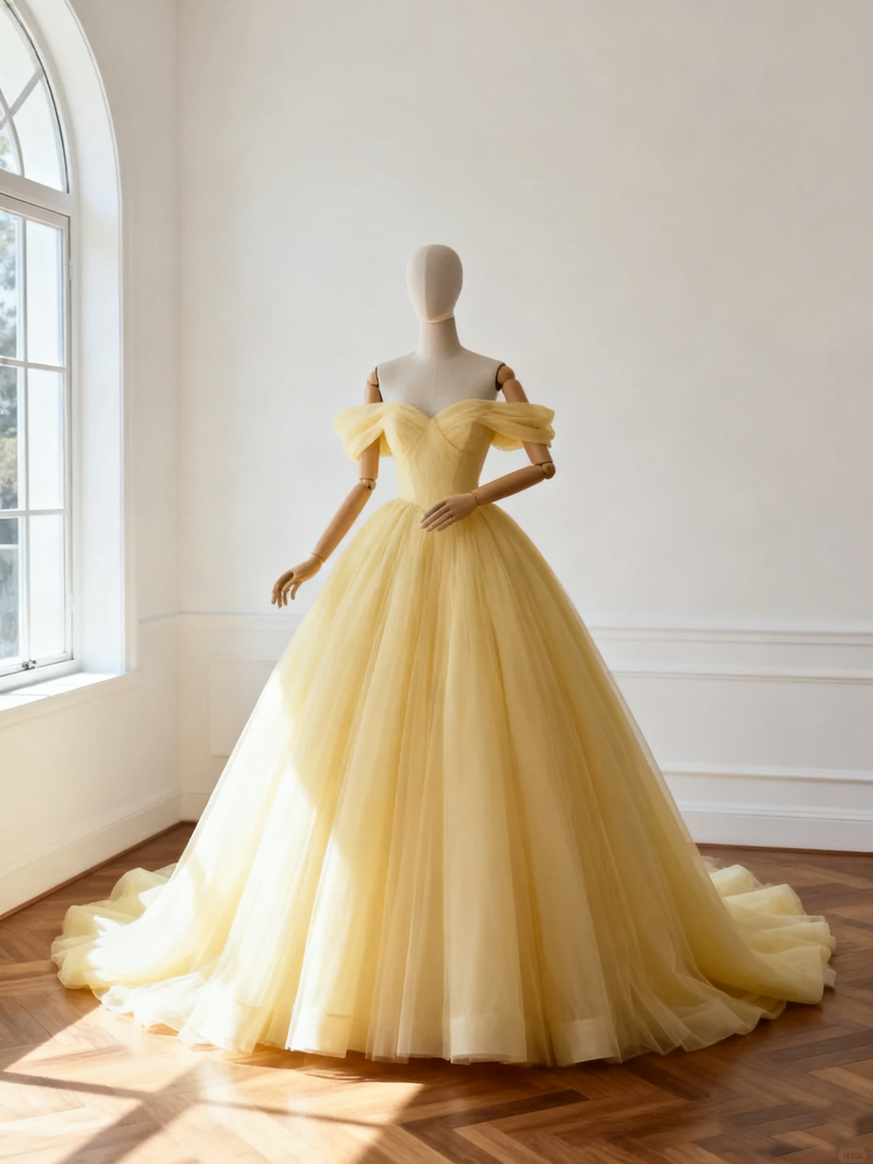 カラードレス パステルイエロー オフショルダー ソフトチュール ボリュームドレス 華やかなトレーン 花嫁