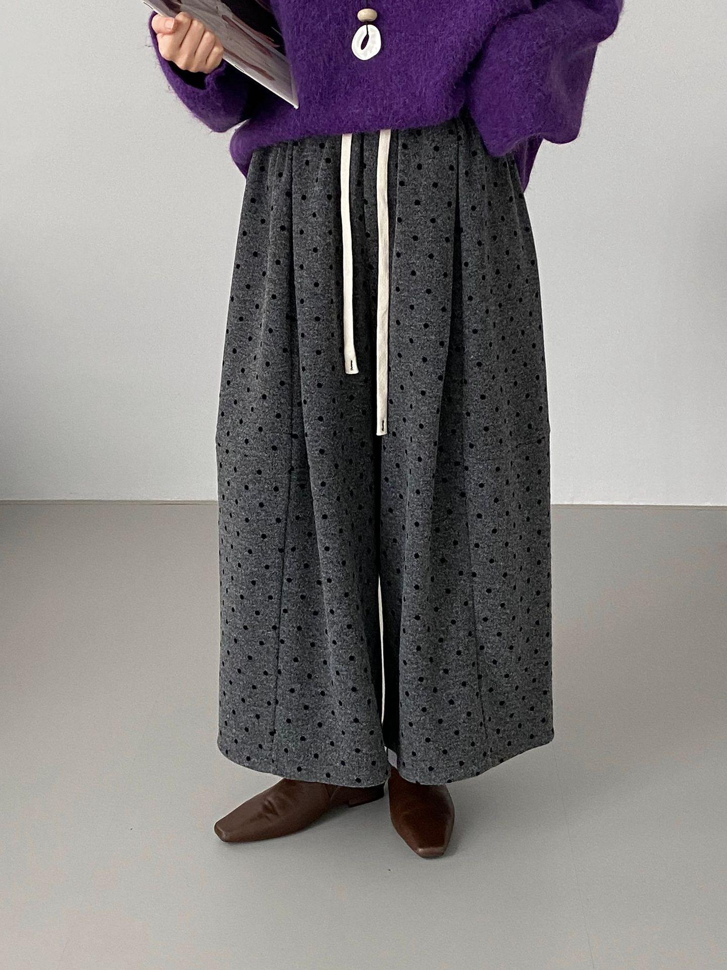 秋新作レディースゴムウエスト ドローコード 水玉柄 ワイドレッグパンツ【返品・交換可】品質最優先25-564