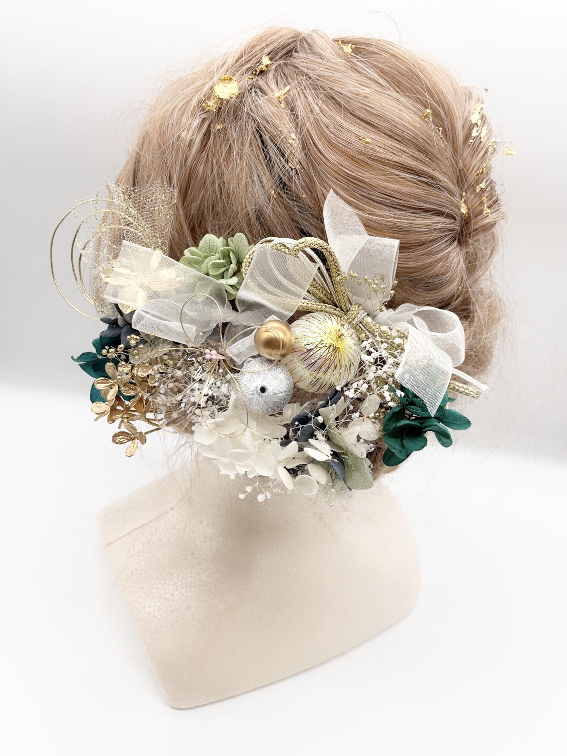 和装髪飾り　ヘッドドレス　水引×金箔　ゴールド　緑　グリーン