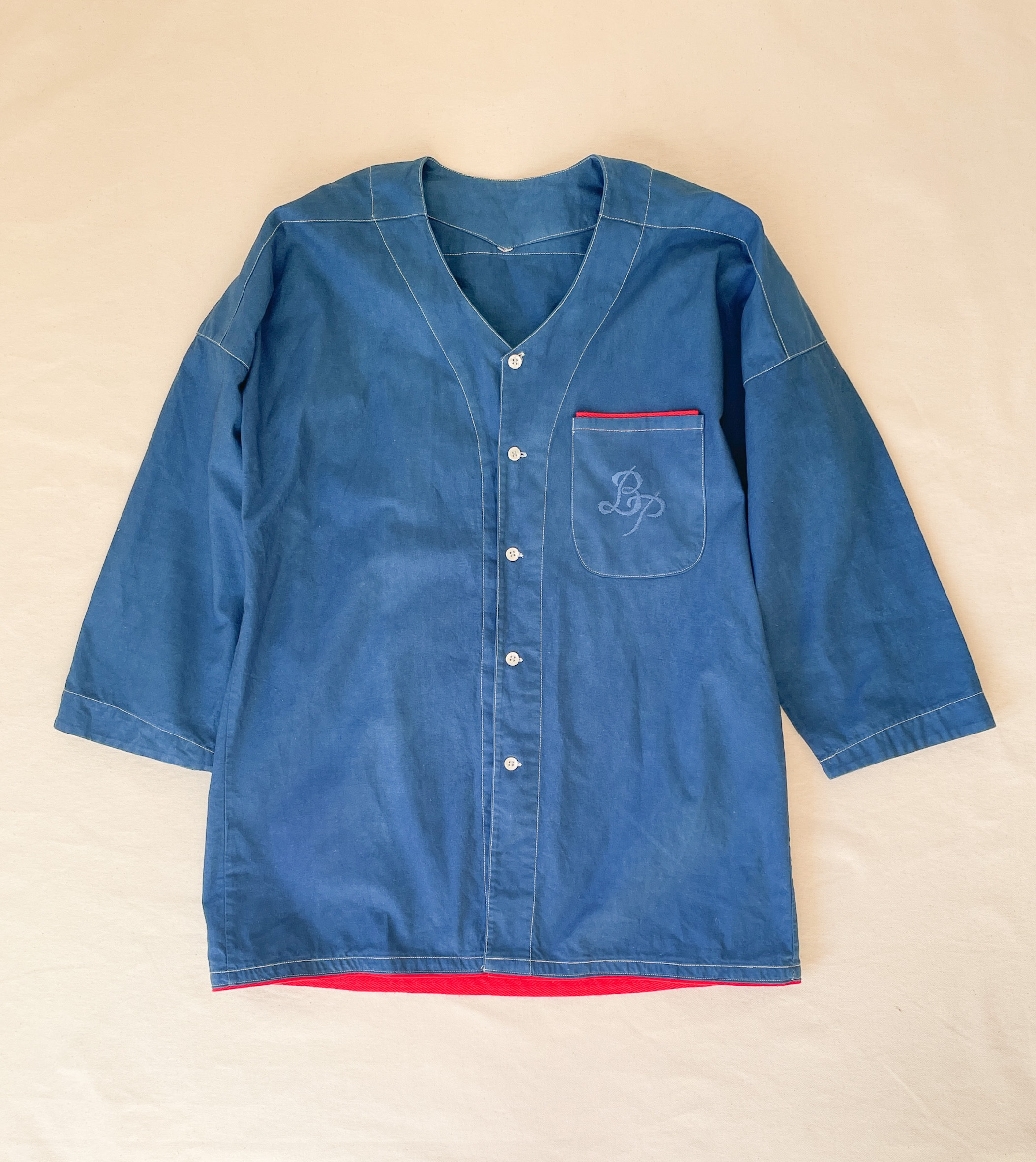 送料無料 　藍染シャツ 鯉口シャツをリメイク 刺繍入り 古着  七分袖
