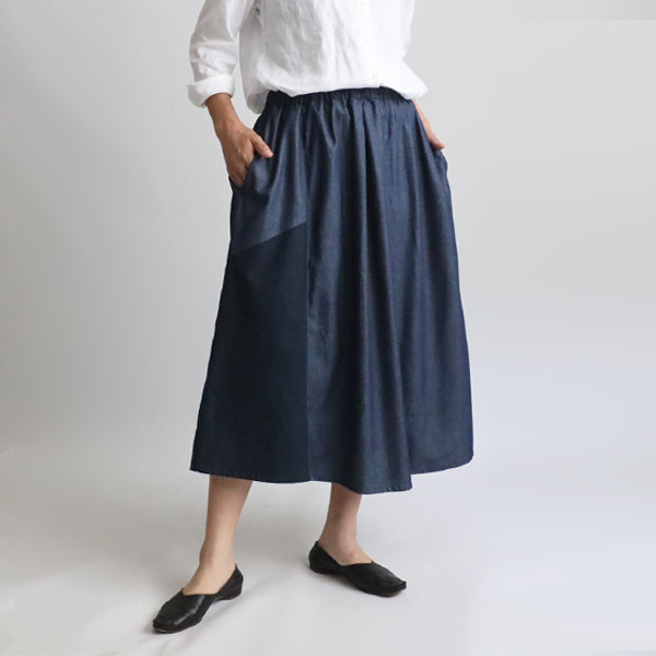 最終ＳＡＬＥ　愉快なパッチワーク　スカート　７８cm　前後ウエスト内タック入 スカート　甘織デニム Y54G