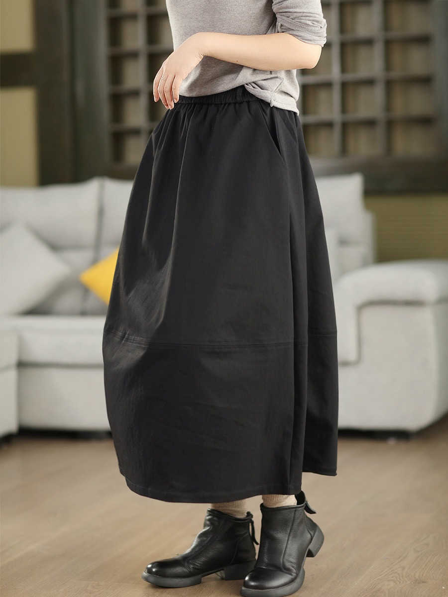 春秋冬復古 100% コットンハーフスカート 女シルエット感スプライススリム A ラインミッドロングスカート