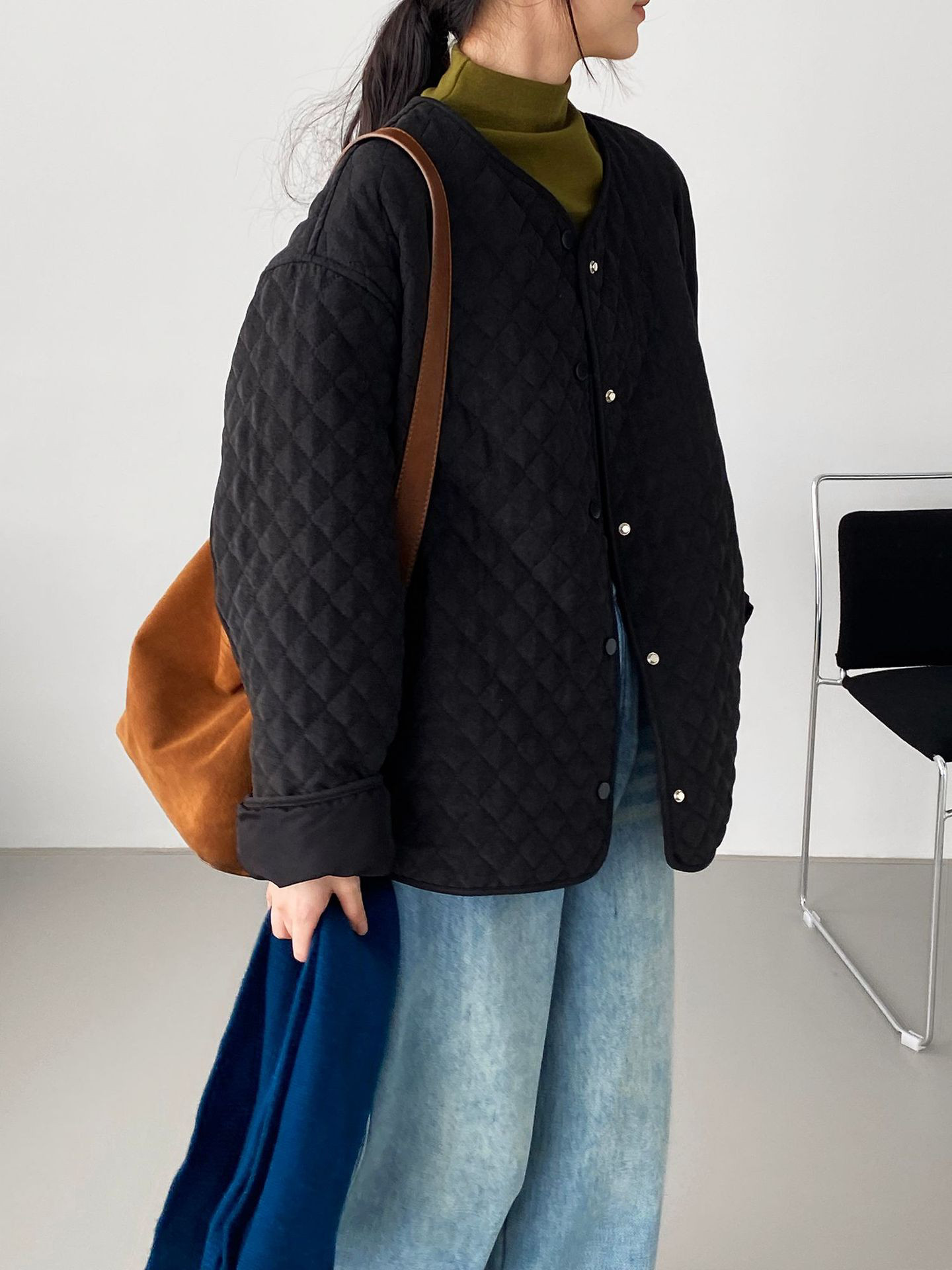 秋冬レディースクルーネック ダイヤ柄 ドローコードウエスト 中綿ジャケット【返品・交換可】品質最優先25-566