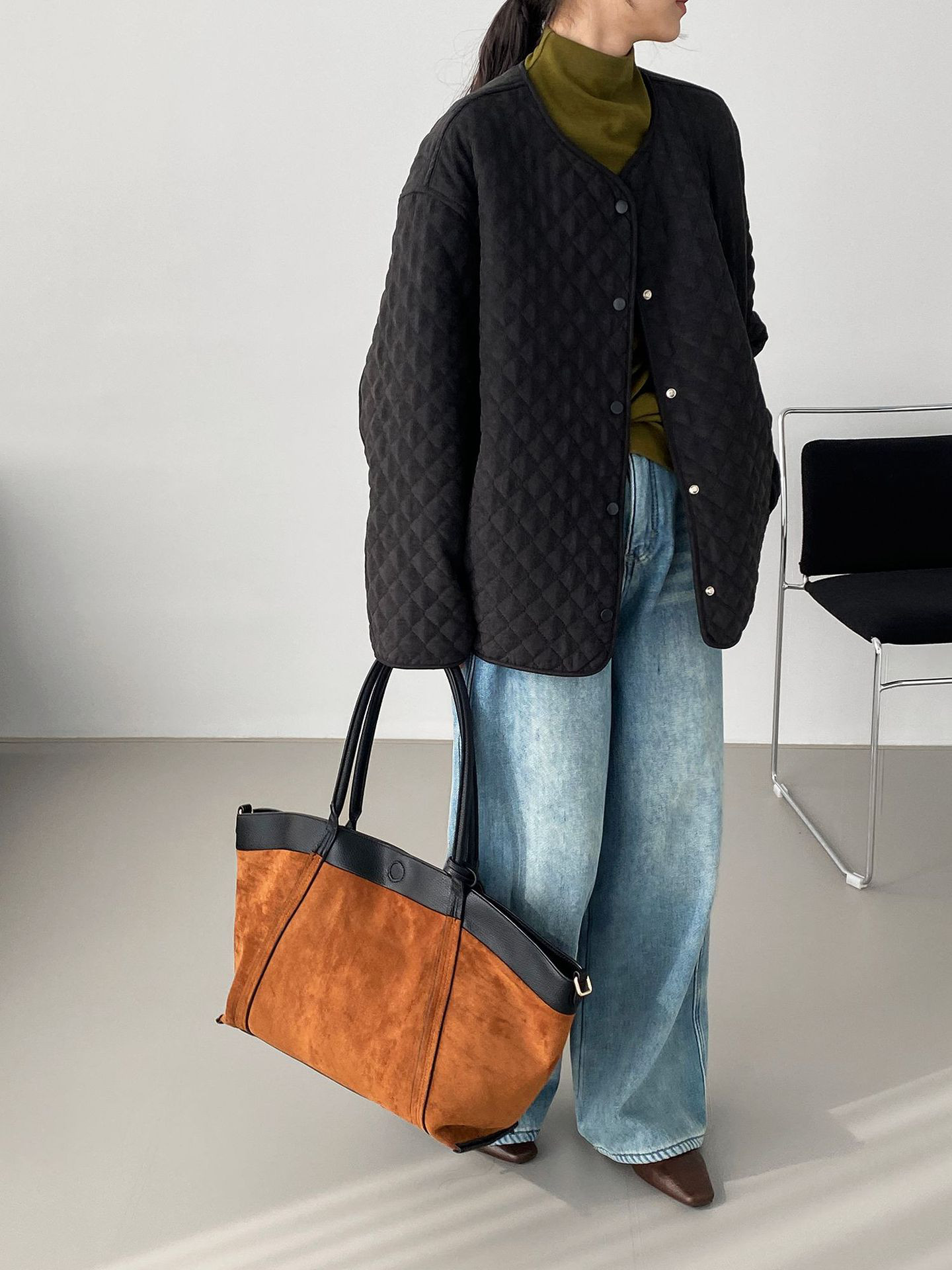 秋冬レディースクルーネック ダイヤ柄 ドローコードウエスト 中綿ジャケット【返品・交換可】品質最優先25-566