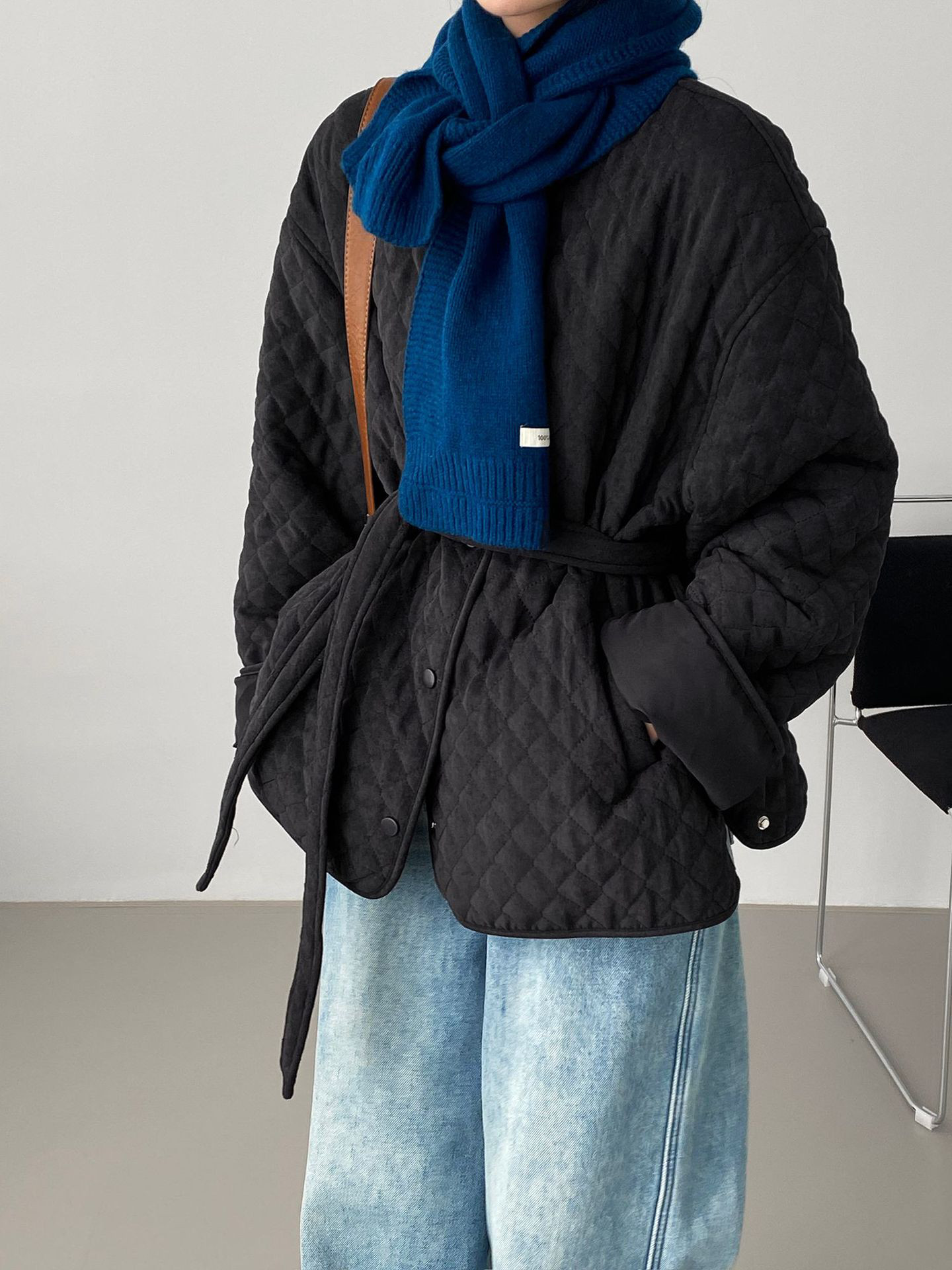 秋冬レディースクルーネック ダイヤ柄 ドローコードウエスト 中綿ジャケット【返品・交換可】品質最優先25-566