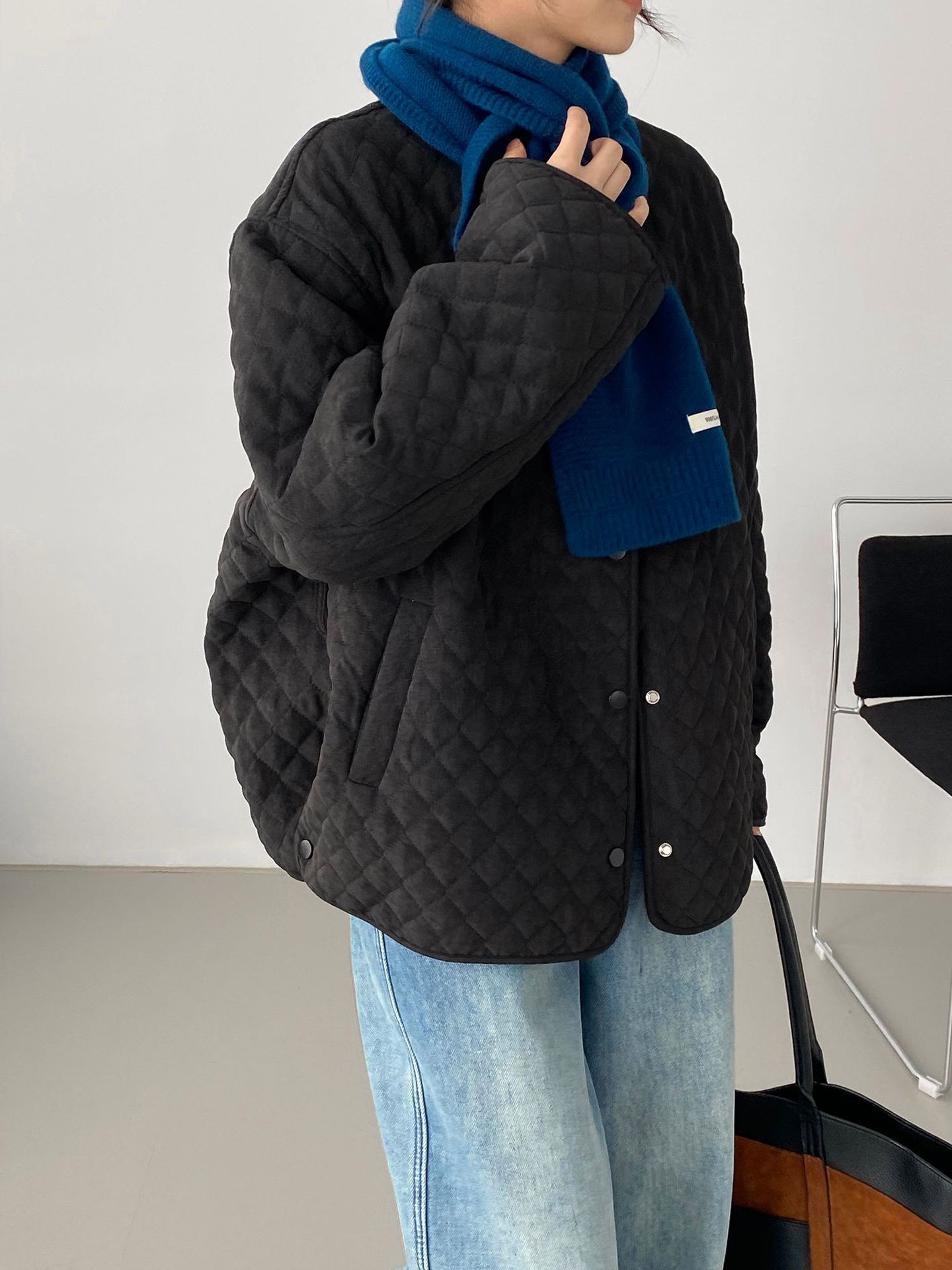 秋冬レディースクルーネック ダイヤ柄 ドローコードウエスト 中綿ジャケット【返品・交換可】品質最優先25-566