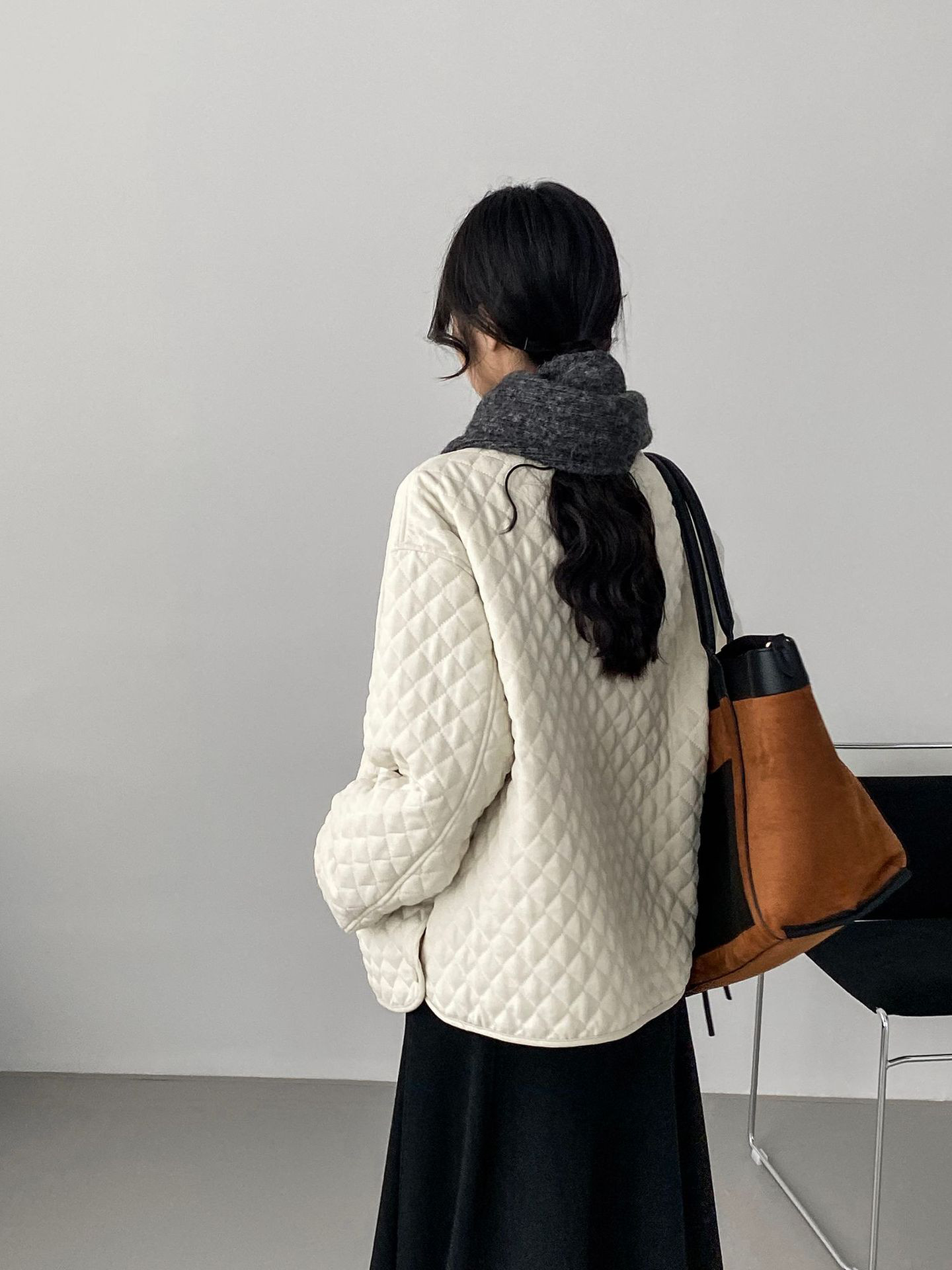 秋冬レディースクルーネック ダイヤ柄 ドローコードウエスト 中綿ジャケット【返品・交換可】品質最優先25-566